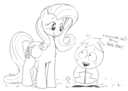Size: 588x421 | Tagged: source needed, useless source url, safe, artist:sunibee, fluttershy, g4, butters, butters stotch, crossover, flutterbutters, human in equestria, lineart, male, monochrome, south park