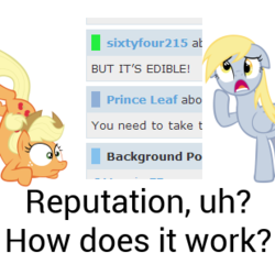 Size: 310x310 | Tagged: safe, applejack, derpy hooves, derpibooru, g4, meta, reputation bar, roboto, text