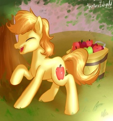 Size: 1280x1365 | Tagged: dead source, safe, artist:hoodoo, braeburn, earth pony, pony, g4, apple, colt, cutie mark, male, solo