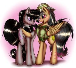 Size: 3543x3190 | Tagged: safe, artist:tasertail, daring do, octavia melody, earth pony, pegasus, pony, g4, daringtavia, duo, female, hug, lesbian, shipping