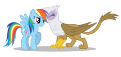 Size: 850x400 | Tagged: safe, artist:mixermike622, gilda, rainbow dash, griffon, g4, female, griffon x pony, interspecies, kissing, lesbian, ship:gildash, shipping, simple background, transparent background, tsundere, vector