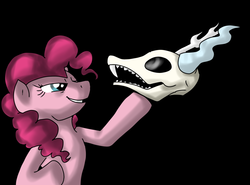 Size: 1199x888 | Tagged: dead source, safe, artist:itsaaudraw, discord, pinkie pie, earth pony, pony, g4, alas poor yorick, bipedal, dead, female, hamlet, mare, parody, simple background, skull, solo