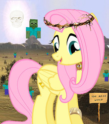 Size: 496x563 | Tagged: safe, artist:theoneawfulaccount, fluttershy, pony, g4, bible, crossover, crown of thorns, hundred acre wood, jesus christ, lord of the rings, minecraft, skull, the legend of zelda, the one ring, triforce, winnie the pooh, wtf