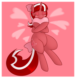 Size: 1280x1304 | Tagged: safe, artist:redintravenous, oc, oc only, oc:red ribbon, pony, unicorn, ask red ribbon, bow, female, hair bow, heart, hug, love, mare, pillow, solo, tail, tail bow, tumblr