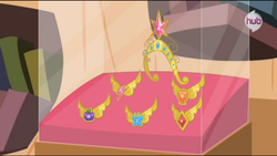 Size: 1366x768 | Tagged: safe, screencap, g4, magical mystery cure, big crown thingy, crown, element of generosity, element of honesty, element of kindness, element of laughter, element of loyalty, element of magic, elements of harmony, hub logo, hubble, no pony, solo, the hub