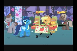 Size: 960x640 | Tagged: safe, screencap, applejack, soarin', g4, lidded eyes, youtube link