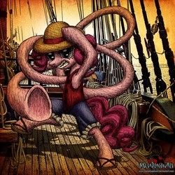 Size: 2631x2632 | Tagged: safe, artist:metadragonart, pinkie pie, g4, crossover, elastic, gomu gomu no mi, monkey d. luffy, nightmare fuel, one piece