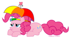 Size: 1500x863 | Tagged: safe, artist:emmybear24, pinkie pie, earth pony, pony, feeling pinkie keen, g4, female, hat, prone, solo, umbrella hat