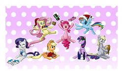 Size: 1715x1047 | Tagged: safe, artist:sleepykoinu, applejack, derpy hooves, fluttershy, pinkie pie, rainbow dash, rarity, twilight sparkle, oc, pegasus, pony, g4, christmas, clothes, female, mane six, mare, sweater