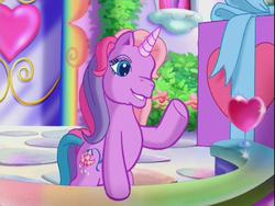 Size: 640x480 | Tagged: safe, screencap, lily lightly, a very pony place, come back lily lightly, g3, announcement, cute, door, leaning on railings, lily cutely, present, railing, unicornia