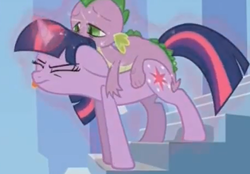 Size: 489x341 | Tagged: safe, screencap, spike, twilight sparkle, dragon, pony, unicorn, g4, the crystal empire, dragons riding ponies, eyes closed, female, male, mare, out of context, riding, spike riding twilight, tongue out