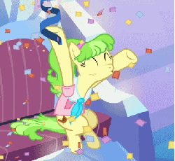 Size: 390x360 | Tagged: safe, screencap, chickadee, ms. peachbottom, earth pony, pony, g4, games ponies play, animated, cheering, female, mare, open mouth, smiling, solo, vibrating