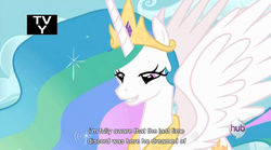 Size: 851x472 | Tagged: safe, edit, edited screencap, screencap, princess celestia, g4, keep calm and flutter on, bedroom eyes, caption, hub logo, tv rating, youtube caption