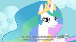 Size: 846x471 | Tagged: safe, edit, edited screencap, screencap, princess celestia, g4, keep calm and flutter on, bedroom eyes, caption, hub logo, youtube caption