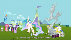 Size: 842x471 | Tagged: safe, screencap, discord, pinkie pie, princess celestia, rainbow dash, rarity, spike, twilight sparkle, alicorn, dragon, earth pony, pegasus, pony, unicorn, g4, keep calm and flutter on, female, hub logo, male, mare, pegasus royal guard, royal guard, stallion, youtube caption