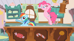 Size: 1560x878 | Tagged: safe, artist:misterdavey, pinkie pie, rainbow dash, cupcakes hd, fanfic:cupcakes, g4, dancing, faic, hammer, imminent pain, kitchen, mallet, moments before disaster, smirk, sugarcube corner, this will end in tears and/or death