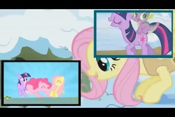 Size: 960x640 | Tagged: safe, edit, edited screencap, screencap, fluttershy, pinkie pie, spike, twilight sparkle, g4, intensive pony unit, rabiesx86, youtube link, youtube poop, ytpmv