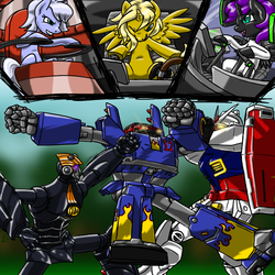 Size: 1000x1000 | Tagged: safe, artist:deathcomes4u, oc, oc only, oc:nyx, oc:ticket, oc:tracy cage, alicorn, pony, alicorn oc, gundam, mecha, megas xlr, the big o