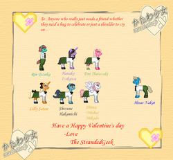 Size: 900x831 | Tagged: safe, artist:strandedgeek, earth pony, pegasus, pony, unicorn, bipedal, clothes, holiday, katawa shoujo, pixel art, ponified, school uniform, valentine's day