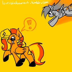 Size: 500x500 | Tagged: safe, artist:loverainbow, oc, oc only, oc:meteor, oc:solar flair, pegasus, pony, 30 minute art challenge, exclamation point, female, mare, pounce, sunglasses