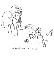 Size: 1200x1300 | Tagged: safe, artist:midnight-wizard, chickadee, ms. peachbottom, scootaloo, chicken, earth pony, pegasus, pony, g4, butt, female, filly, foal, mare, scootachicken