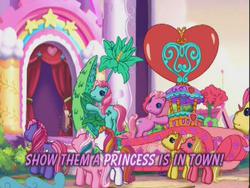 Size: 640x480 | Tagged: safe, edit, edited screencap, screencap, apple spice, fizzy pop, forsythia (g3), gem blossom, glitter glide, minty, pinkie pie (g3), sunny daze (g3), earth pony, pony, g3, the princess promenade, a princess is in town, float, hype, princess, sing along, singing