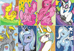 Size: 1024x707 | Tagged: safe, artist:mmmenagerie, derpy hooves, dj pon-3, fluttershy, pinkie pie, princess celestia, princess luna, trixie, vinyl scratch, butterfly, pegasus, pony, g4, butt, female, happy, mare, muffin, pinkamena diane pie, plot, smiling, traditional art