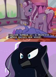Size: 638x883 | Tagged: safe, edit, edited screencap, screencap, master kenbroath gilspotten heathspike, princess luna, wysteria, dragon, earth pony, pony, g3, g4, luna eclipsed, the princess promenade, angry, eyes closed, frown, glare, gritted teeth, on back, princess, princess wysteria, subtitles, this will end in tears and/or death, unamused, wide eyes