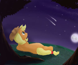 Size: 1800x1500 | Tagged: safe, artist:dixketl, applejack, earth pony, pony, g4, applejack's parents, female, looking up, moon, night, on side, shooting star, solo