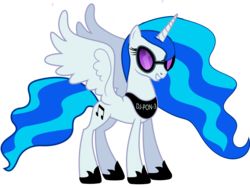 Size: 6000x4500 | Tagged: source needed, safe, artist:riahz, dj pon-3, vinyl scratch, alicorn, pony, g4, absurd resolution, cutie mark, female, hooves, horn, mare, simple background, smiling, solo, spread wings, sunglasses, teeth, text, transparent background, vector, vinylcorn, wings
