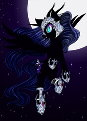 Size: 627x876 | Tagged: safe, artist:longinius, nightmare moon, alicorn, pony, g4, female, flying, helmet, hoof shoes, moon, night, slit pupils, solo, stars