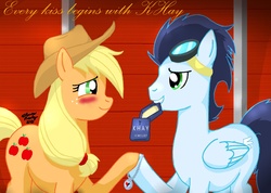 Size: 2189x1561 | Tagged: safe, artist:meganekkoplymouth241, applejack, soarin', g4, blushing, female, jewelry, male, ship:soarinjack, shipping, straight