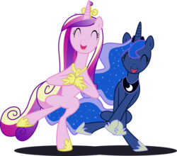 Size: 6000x5276 | Tagged: safe, artist:macs44, princess cadance, princess luna, alicorn, pony, a canterlot wedding, g4, absurd resolution, belly, bipedal, chicken dance, concave belly, cute, cutedance, dancing, eyes closed, female, height difference, lunabetes, mare, open mouth, simple background, slender, smiling, thin, transparent background, vector