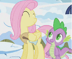 Size: 688x562 | Tagged: safe, screencap, fluttershy, spike, twilight sparkle, pony, g4, winter wrap up, animated, bell, clothes, cropped, duo focus, mouth hold, snow, vest, winter wrap up vest