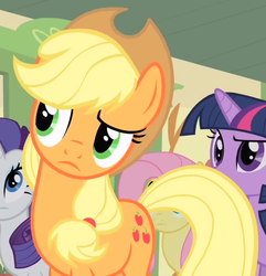 Size: 582x604 | Tagged: safe, screencap, applejack, earth pony, pony, g4, over a barrel, cropped, female, head tilt, mare, solo focus