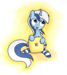Size: 2000x2251 | Tagged: safe, artist:agamnentzar, minuette, pony, g4, clothes, female, pillow, socks, solo, striped socks, traditional art