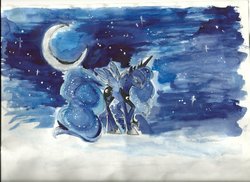 Size: 1048x762 | Tagged: safe, artist:l3l0uch, princess luna, alicorn, pony, g4, female, moon, solo, stars, traditional art, watercolor painting