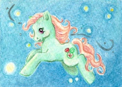 Size: 800x568 | Tagged: safe, artist:rayechu, minty, earth pony, pony, g3, 2011, atc, blue background, female, mare, simple background, solo, tail, traditional art