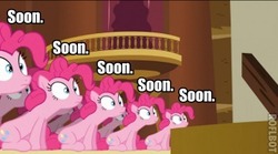 Size: 350x194 | Tagged: safe, edit, edited screencap, screencap, pinkie pie, earth pony, pony, g4, too many pinkie pies, caption, clone, female, image macro, mare, pinkie clone, sitting, soon, watch, watching, wide eyes