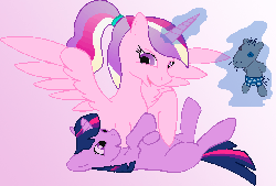 Size: 2621x1772 | Tagged: artist needed, source needed, safe, princess cadance, smarty pants, twilight sparkle, alicorn, pony, unicorn, g4, belly, bellyrubs, female, filly, filly twilight sparkle, foal, foalsitter, gif, looking at each other, looking at someone, looking down, lying down, magic, non-animated gif, on back, ponytail, telekinesis, unicorn twilight, young cadance, younger