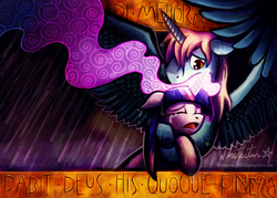 Size: 1700x1214 | Tagged: safe, artist:whitestar1802, twilight sparkle, oc, oc:harmony star, alicorn, pony, g4, alicorn oc, canon x oc, crying, female, glowing horn, horn, male, mare, rain, shipping, stallion, straight, translated in the description, twimony