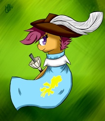 Size: 1000x1150 | Tagged: safe, artist:suplolnope, scootaloo, pony, g4, cape, clothes, female, hat, looking back, musketeer, plume, rapier, solo, sword, weapon