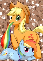 Size: 600x848 | Tagged: safe, artist:syansyan, applejack, rainbow dash, g4, female, lesbian, mouth hold, pixiv, ship:appledash, shipping