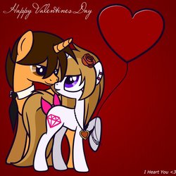 Size: 894x894 | Tagged: safe, artist:freakization, oc, oc only, oc:freakii, oc:justcola, pony, unicorn, balloon, bow, duo, earring, female, flower, flower in hair, heart, heart balloon, hearts and hooves day, male, necklace, necktie, rose, shipping, straight, tail, tail bow