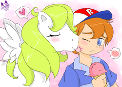 Size: 700x500 | Tagged: safe, artist:patchworkedheart, danny williams, surprise, human, pegasus, pony, g1, blushing, cute, daaaaaaaaaaaw, duo, female, heart, human male, human male on mare, ice cream, interspecies, male, mare, ship:dannyprise, shipping, straight