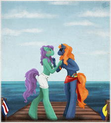 Size: 650x725 | Tagged: safe, artist:cosmicunicorn, barnacle, salty (g1), earth pony, anthro, unguligrade anthro, g1, clothes, dead, ears back, eyepatch, gay, male, ocean, pubic hair, ship:saltybarnacle, shipping, shorts, water