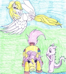 Size: 550x616 | Tagged: safe, artist:kios-mlp-corral, danny williams, spike, surprise, g1, g4, laughing, ponified, prank