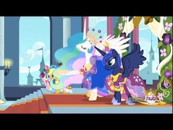 Size: 1024x768 | Tagged: safe, screencap, applejack, fluttershy, pinkie pie, princess celestia, princess luna, rainbow dash, rarity, g4, magical mystery cure, celestia's ceremonial crown, clothes, crown, dress, hub logo, jewelry, luna's ceremonial crown, regalia