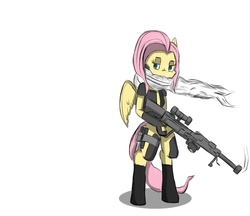 Size: 1525x1318 | Tagged: safe, artist:convoykaiser, fluttershy, pegasus, anthro, g4, arm hooves, clothes, female, flutterbadass, gun, hooves, knife, mare, optical sight, rifle, scarf, simple background, sniper rifle, snipershy, solo, weapon, white background, wings