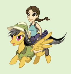 Size: 617x637 | Tagged: safe, daring do, human, g4, crossover, cute, flying, humans riding ponies, lara croft, riding, smiling, smirk, tomb raider